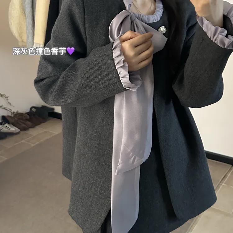 Miss Rao欣尧AOT绒飘带撞色套装推荐短外套+半身裙套装60510