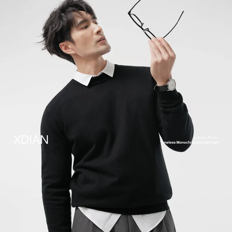 XDIAN/续点假两件圆领毛衣冬季针织打底衫保暖长袖上衣秋冬男