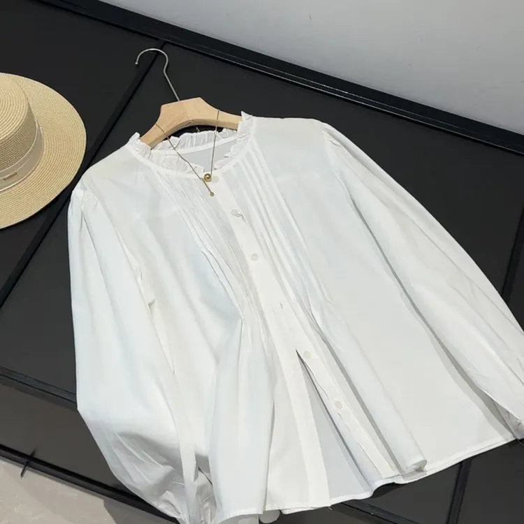 木耳边压褶长袖衬衫女法式甜美减龄设计感休闲衬衣秋新款