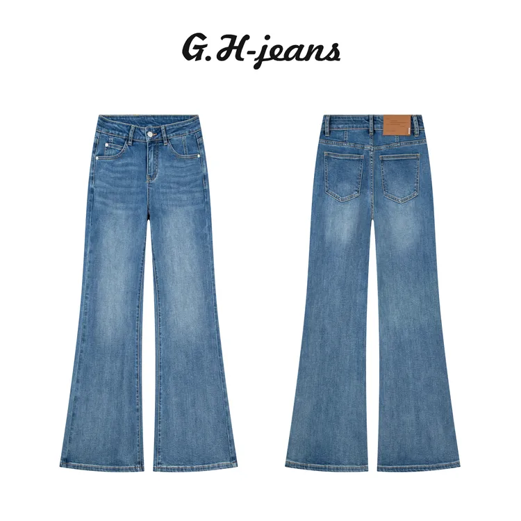 【G.H】冬季新款布鲁斯蓝时尚百搭显瘦高腰加绒加厚直筒喇叭牛仔裤