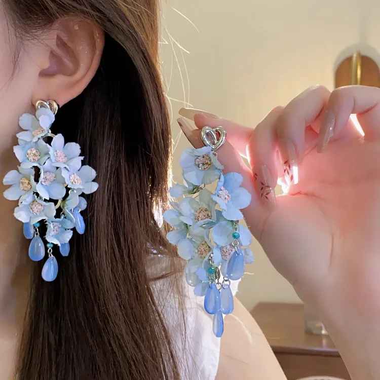 铜合金耳饰 蓝色花朵流苏耳环女2025新款爆款度假风耳坠精致耳饰