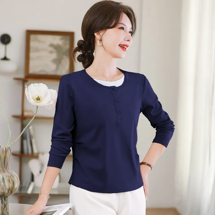 精梳棉圆领宝蓝色长袖t恤女2025新款洋气假两件打底衫妈妈装上衣