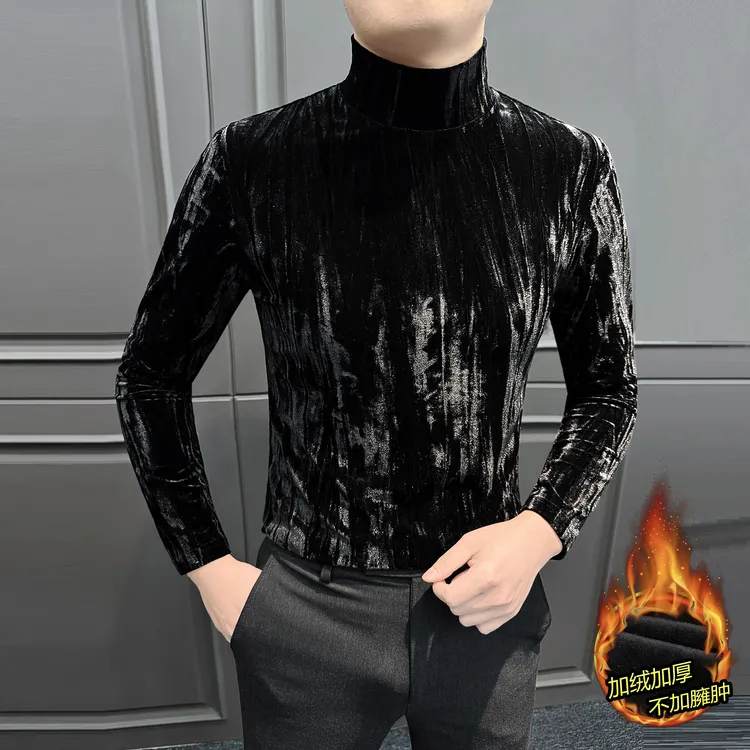 金丝绒男士打底衫爆款2025新款高级感男装半高领加绒长袖男款t恤