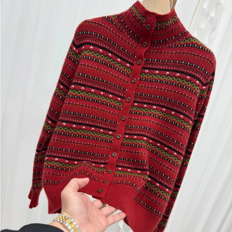 【老粉福利-红色细条纹半高领开衫】350克特级软时尚百搭休闲针织衫