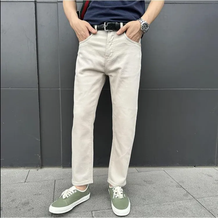 杏色不掉色牛仔裤男士九分微宽松小直筒8分裤百搭休闲3种裤长选