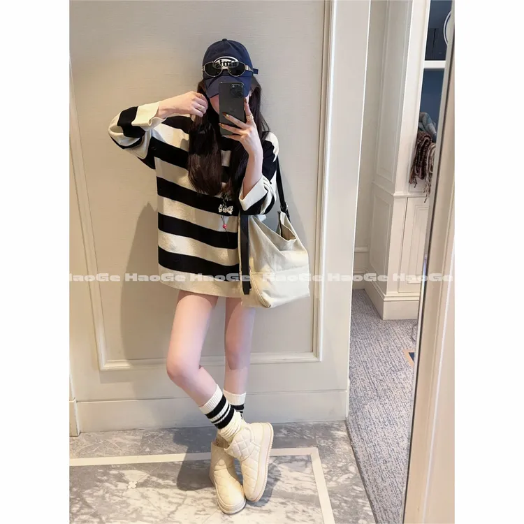 浩哥严选●条纹毛衣预HGQ5MY3707A时尚休闲宽松长袖慵懒风秋冬设计