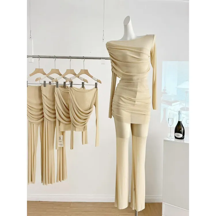 性感纯欲风一字肩荡领网纱长袖上衣女高腰微喇瑜伽裤两件套装