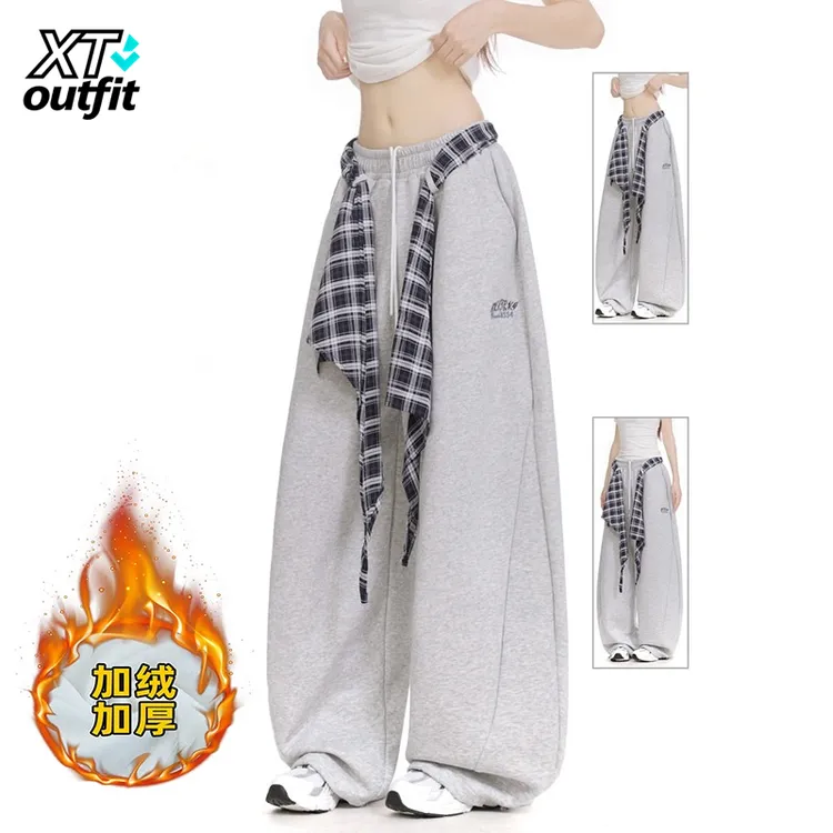 美式格子屁帘叠穿弯刀卫裤男女秋冬嘻哈街舞运动裤宽松阔腿休闲裤