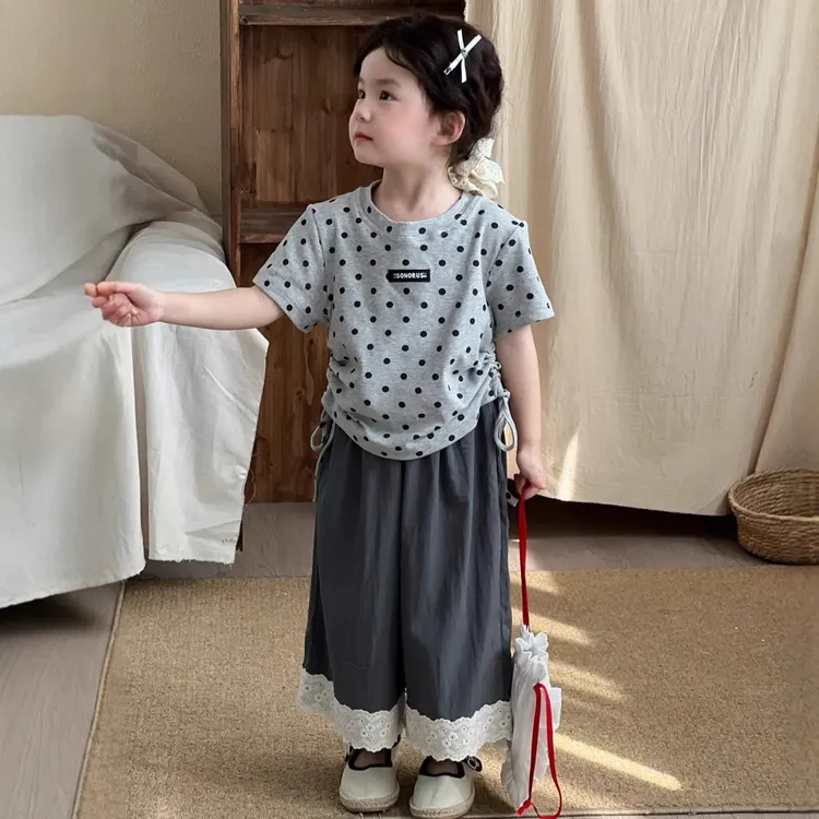 韩版女童2025夏装新款女宝宝波点印花短袖T恤儿童洋气时髦套装潮