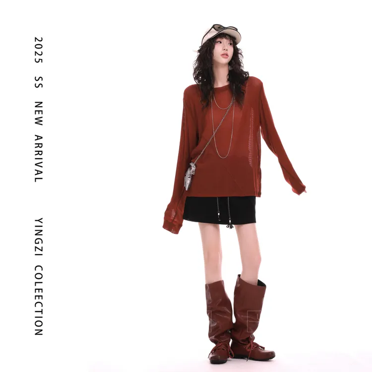 颖子定制【霓虹梦境】纯色长袖T恤女早秋微透设计感拼接罩衫 9709