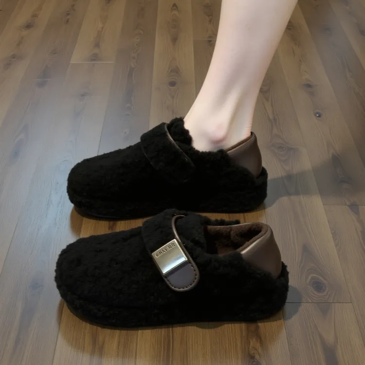 黑色羊羔绒厚底毛毛鞋女秋冬2025新款一脚蹬欧货外穿豆豆雪地棉鞋