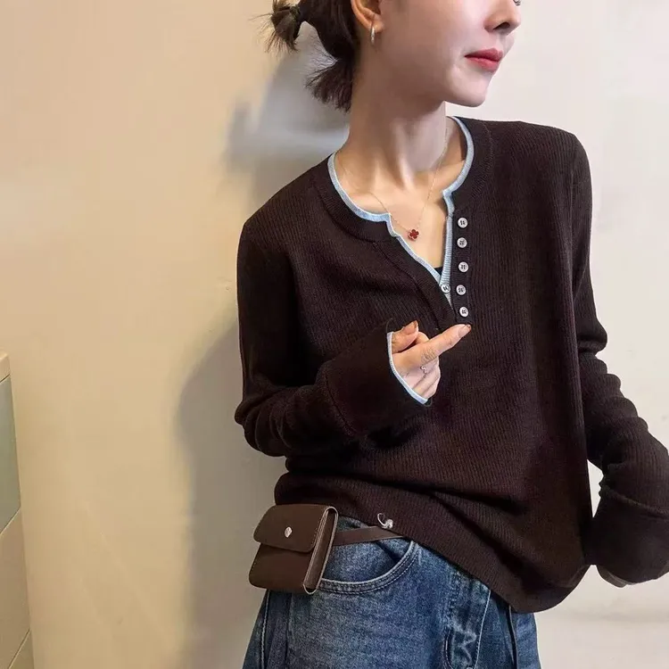 【细绵羊毛】剪刀领撞色假两件套头针织衫女打底衫弹力显瘦上衣