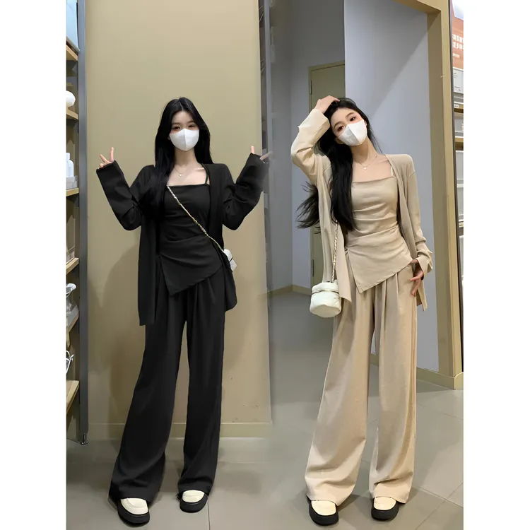 大码胖mm巨显瘦套装吊带外披长裤休闲三件套女春夏穿搭一整套