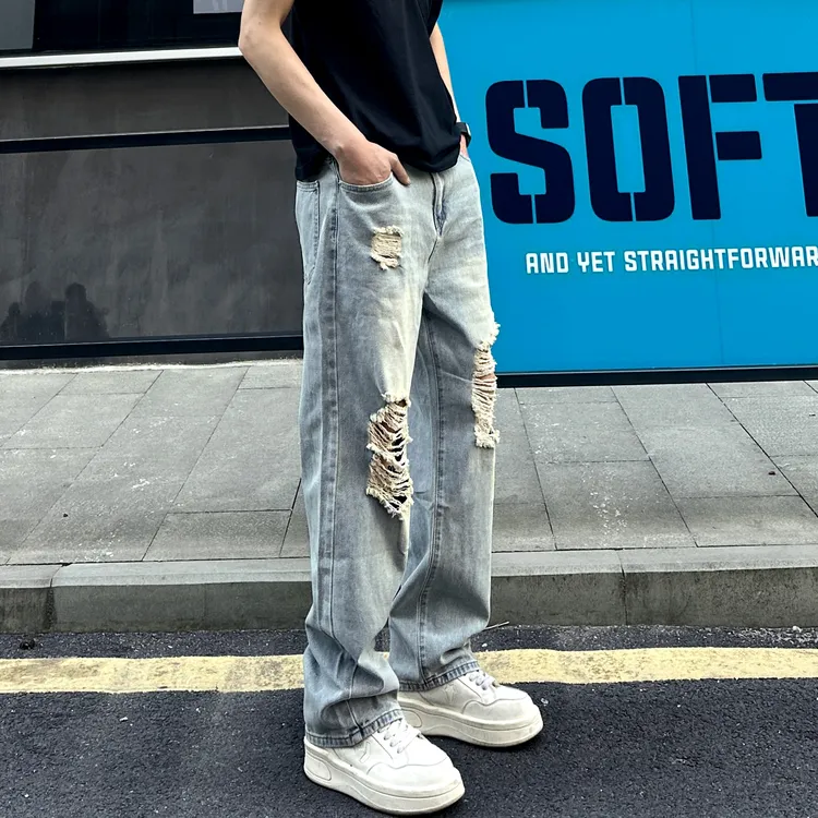 QUALCOMM美式高街潮流破洞牛仔裤男春夏薄款设计感宽松直筒长裤子