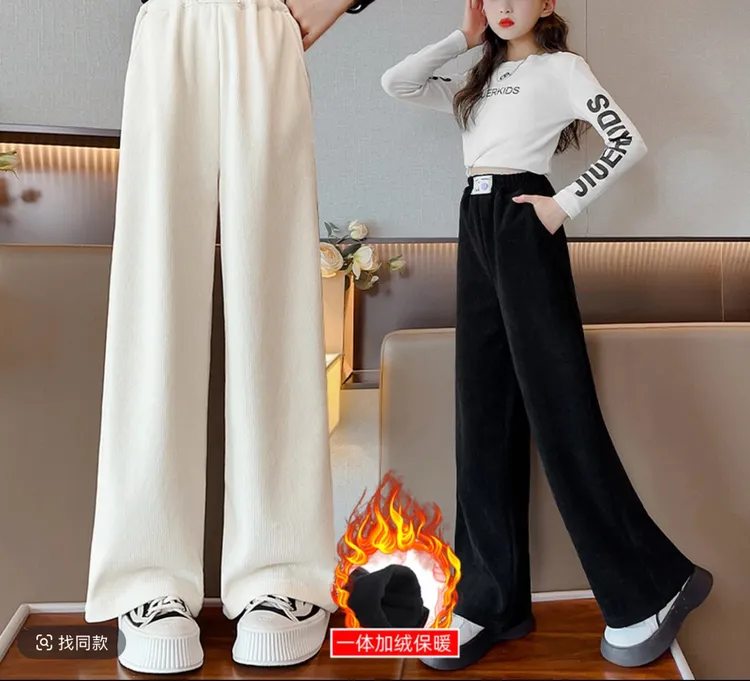 【秋冬上新】女童外穿欧棉绒小熊钉扣加绒阔腿裤D