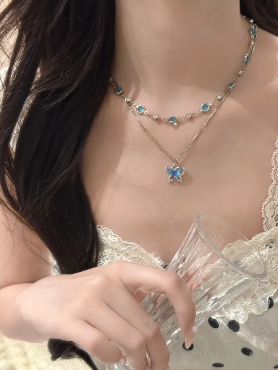 铜合金锆石项链 高级感双层蝴蝶项链配饰女轻奢小众锁骨链颈链