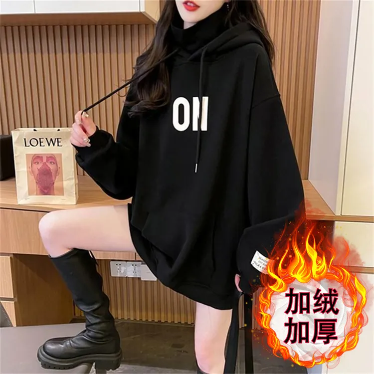 纯棉潮牌oversize上衣新爆款秋冬加绒卫衣女初高中学生大童带帽衫