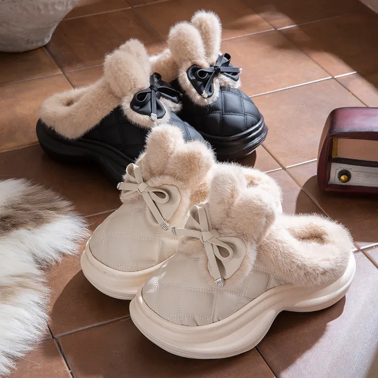 【防风抗寒】女士厚底增高蝴蝶结毛绒PU皮防水保暖冬季棉拖鞋居家拖