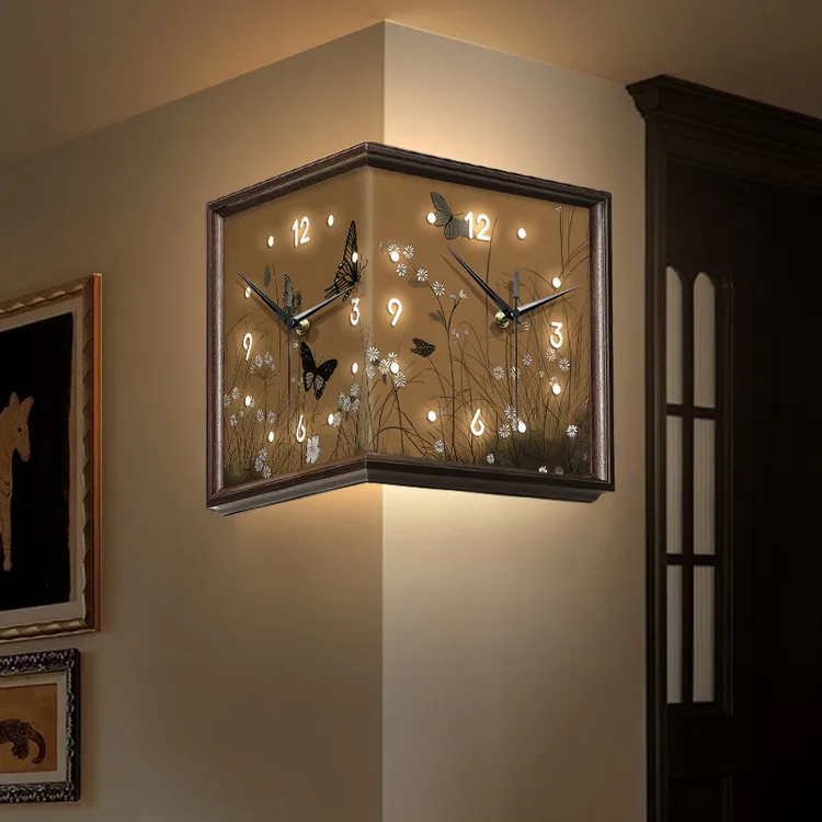 客厅转角挂钟家用中古风拐角双面创意钟表装饰时钟轻奢挂墙挂表