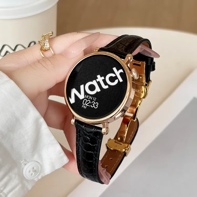 智能手表女士2025鳄纹真皮圆盘双支付蓝牙通话消息多功能运动手环