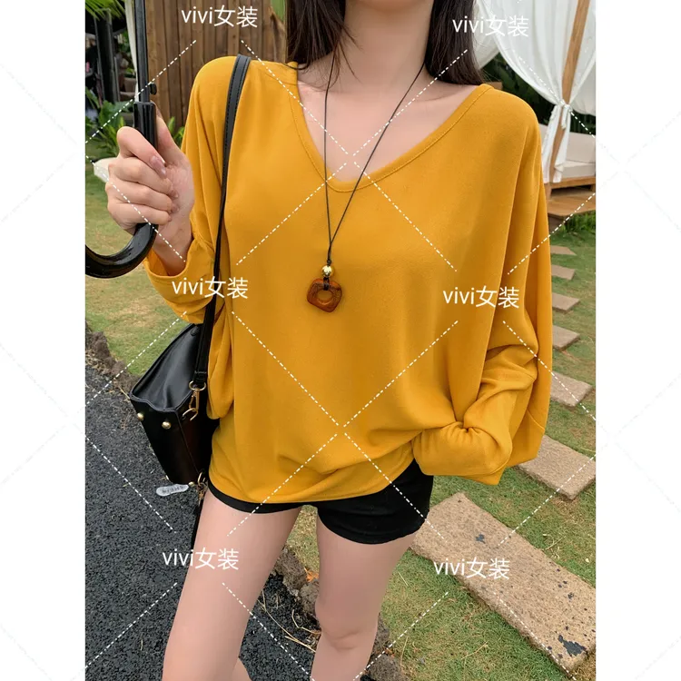 运补6-8 纯欲慵懒风宽松蝙蝠袖V领斜肩长袖辣妹微透凉感薄款罩衫