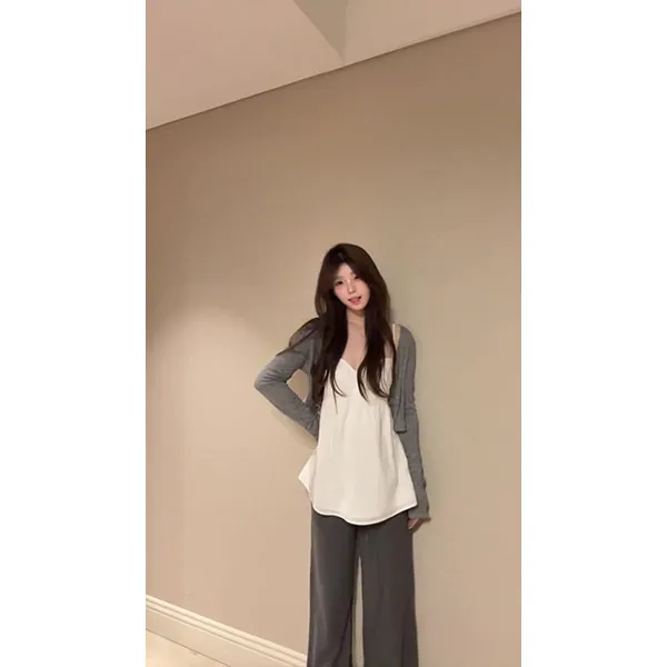 韩系慵懒风开衫外套内搭白色吊带女夏季显瘦休闲裤长裤三件套
