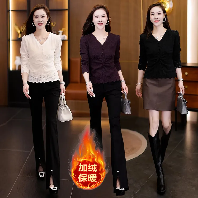成熟优雅风V领蕾丝衫女2025秋冬季新款洋气加绒长袖修身显瘦上衣