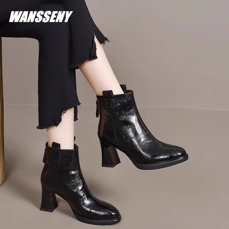 WANSSENY2025年真皮高跟短靴女尖头粗跟法式皮鞋秋冬加绒厚底靴子