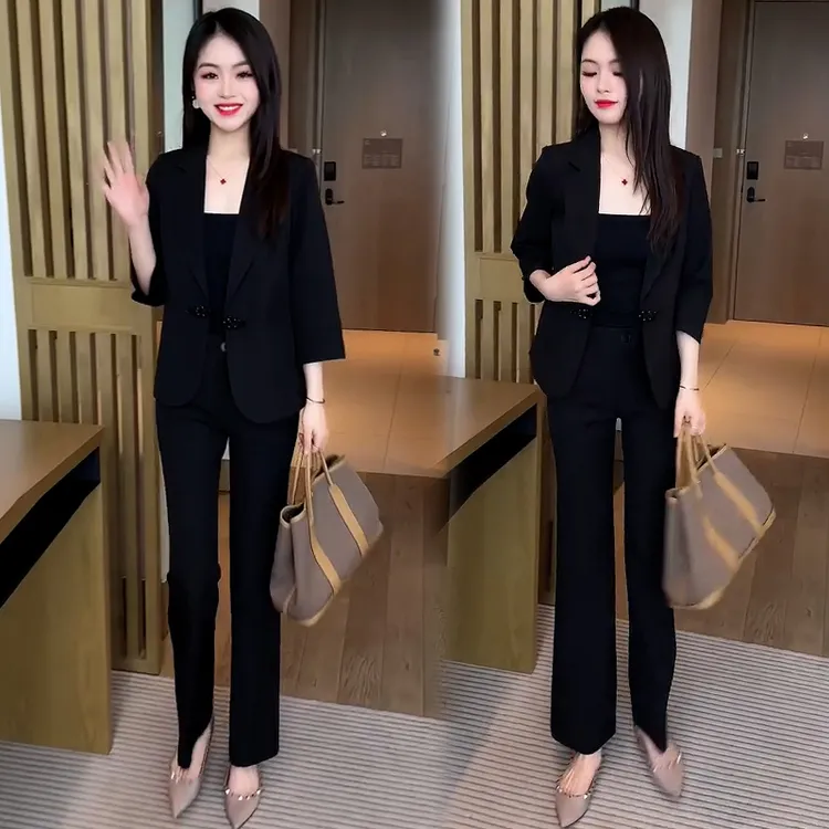 时尚休闲西服套装女2025年春夏季新款修身阔腿裤七分袖上衣两件套