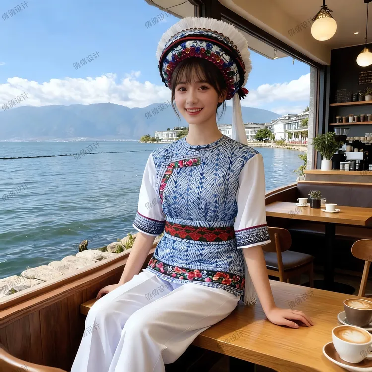 非遗扎染新款白族金花服饰靛蓝民族风复古休闲