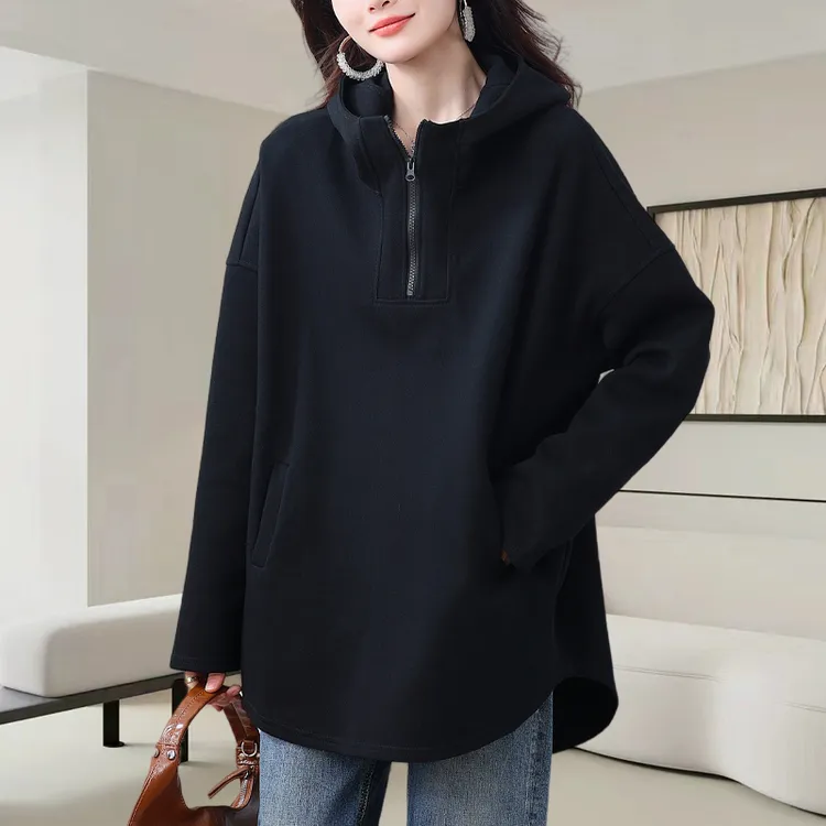 黑色连帽半拉链纯色卫衣女秋季新款中长款遮肚显瘦时尚休闲上衣