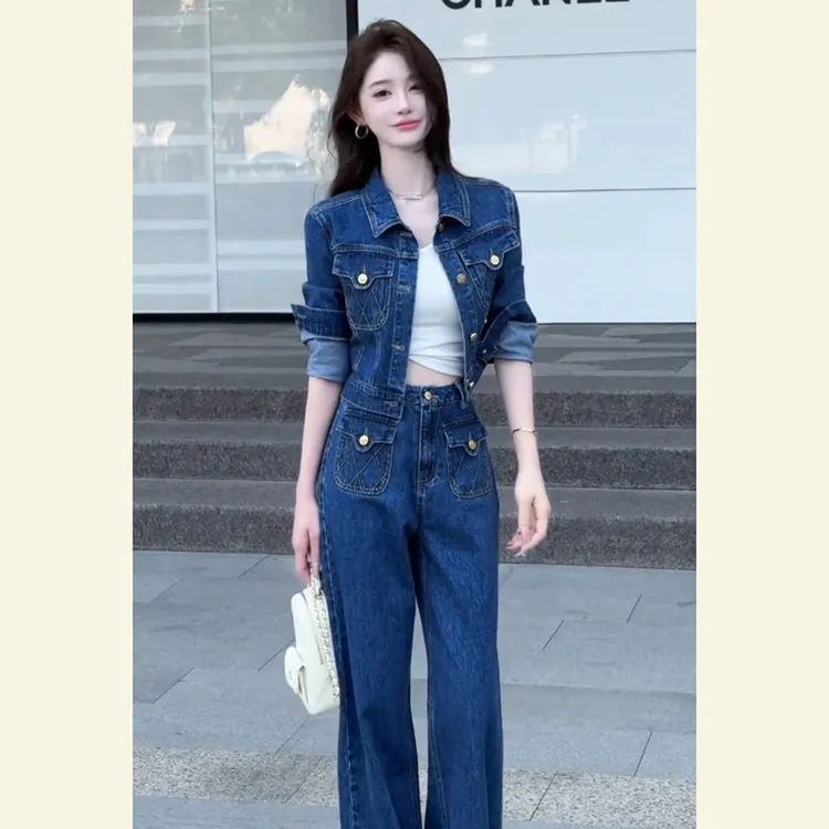 秋季大方得体一整套富千金小洋装重要场合巨好看蓝色牛仔套装裤