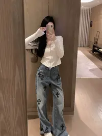 TY STUDIO汤圆前口袋十字架牛仔裤女2025新款皮标高腰阔腿瘦长裤