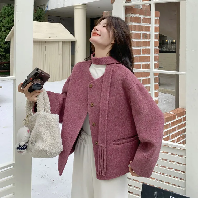 学院风设计感减龄树莓色圆领大衣女2025秋冬新款气质慵懒风短外套