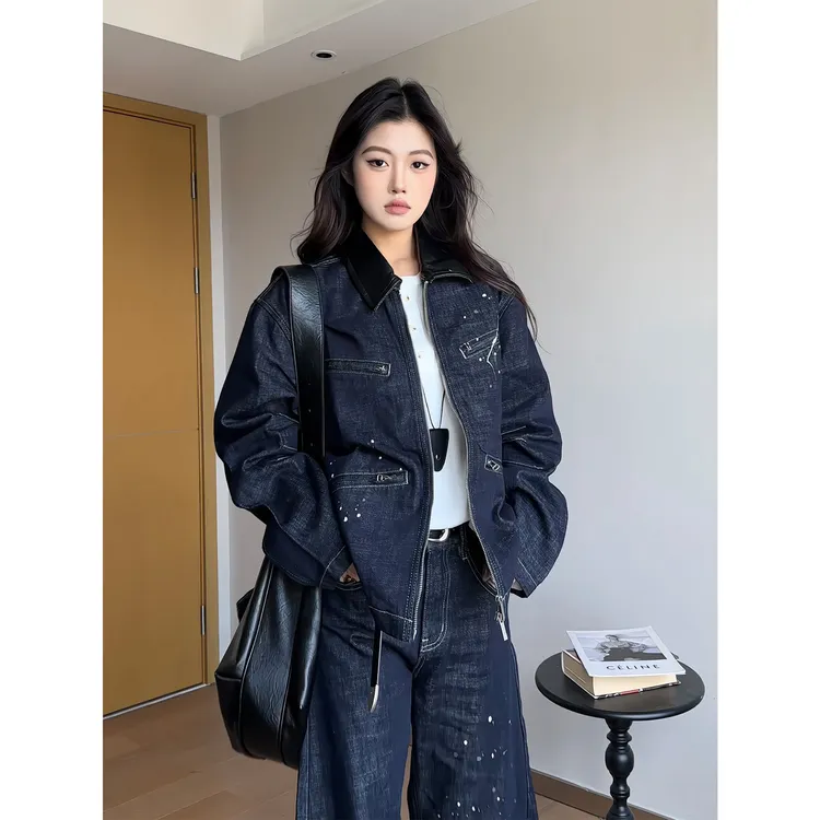 MaxDstr 重磅拉链口袋泼墨原牛高级感牛仔夹克男女cleanfit秋外套