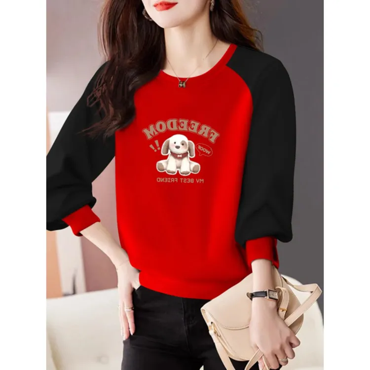 法劳格韩系红色拼接款长袖圆领卫衣女小香风春秋时尚百搭宽松显瘦