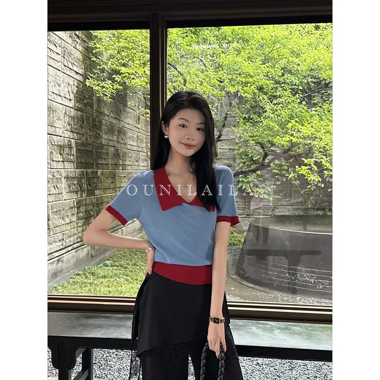 欧尼家【明媚T】多巴胺明艳配色套头短袖 /翻领极简时尚穿搭DX8098N
