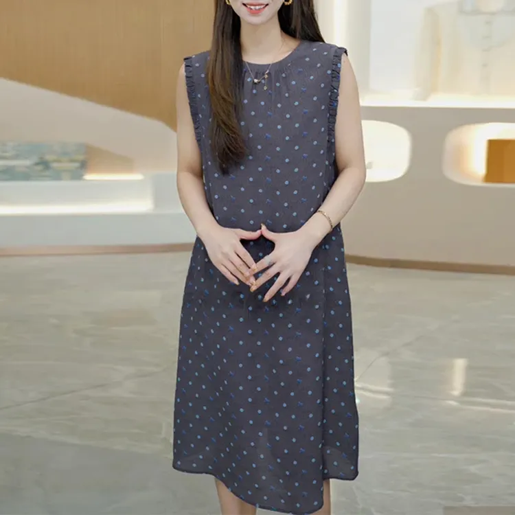 法式轻奢波点无袖碎花连衣裙女2026夏季新款收腰显瘦A字背心裙子