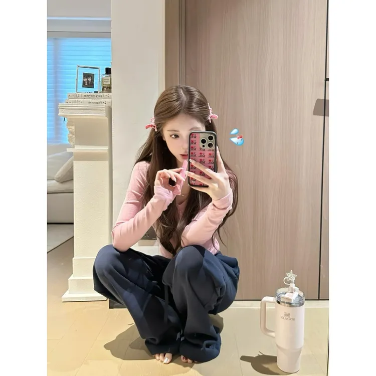 美式复古辣妹时尚V领修身正肩长袖女秋季宽松垂感抽绳阔腿长裤潮