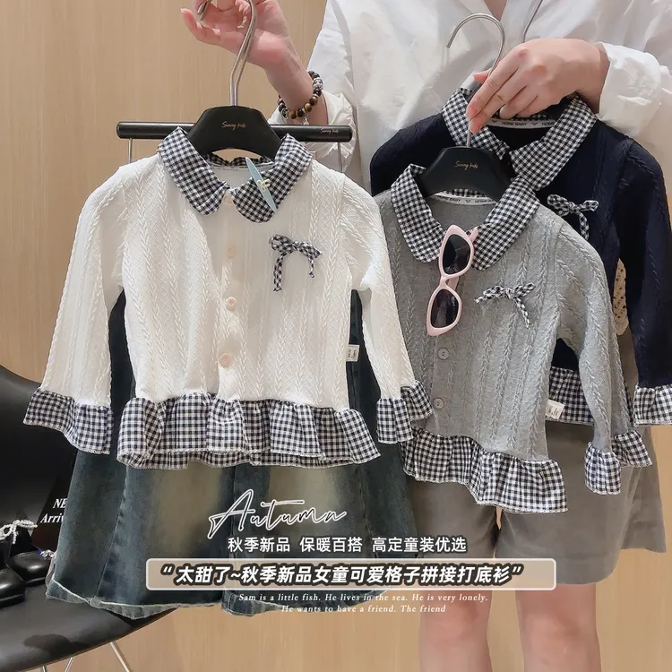 【甜美娃娃领】新款女童针织衫 儿童假两件洋气百搭打底衫
