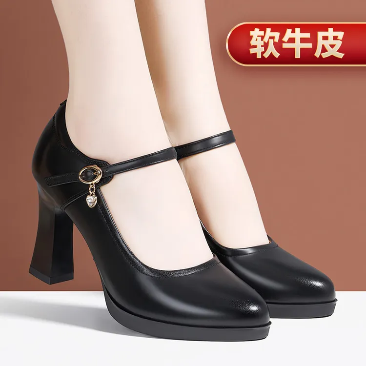 澳曼琳真皮旗袍模特走秀专用高跟鞋女防水台粗跟防滑百搭工作单鞋