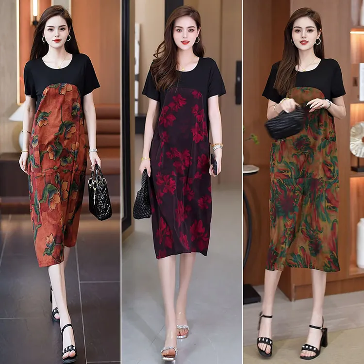 时尚洋气宽松印花假两件中老年遮肉显瘦中长款气质休闲妈妈连衣裙