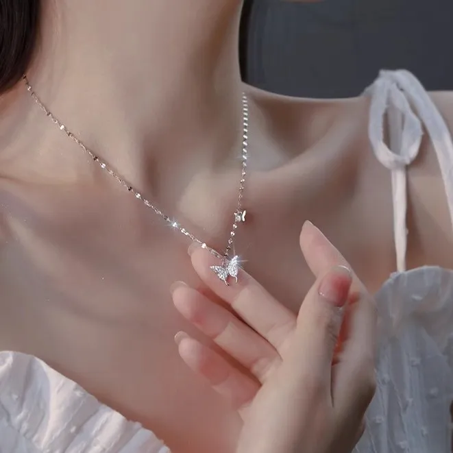 坠链均足银 999纯银蝴蝶项链女款轻奢锁骨链生日礼物情人节送女友