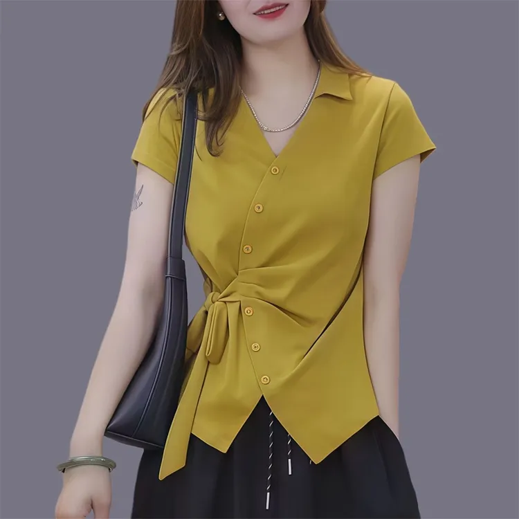 爆款不规则系带V领短袖T恤女气质显瘦设计感上衣小衫2025夏季新款