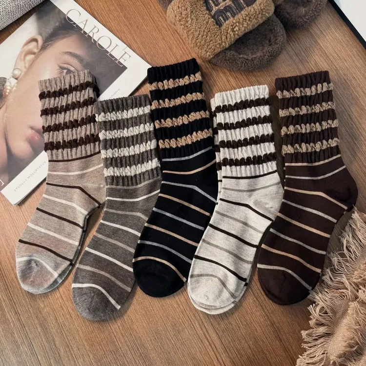 时尚小众条纹中筒堆堆袜美拉德色系ins潮百搭女袜