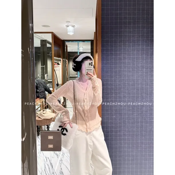 『PEACHZHOU』羊毛混纺7针手工钩花合身V领针织衫复古休闲气质开衫