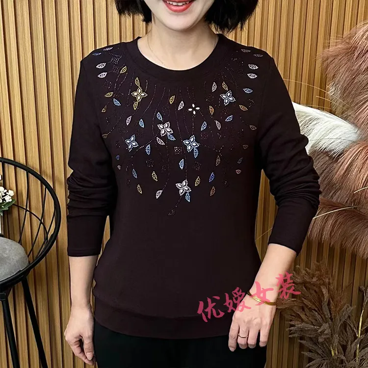 中老年女装秋季时尚圆领烫钻宽松显瘦遮肚百搭洋气妈妈装长袖上衣