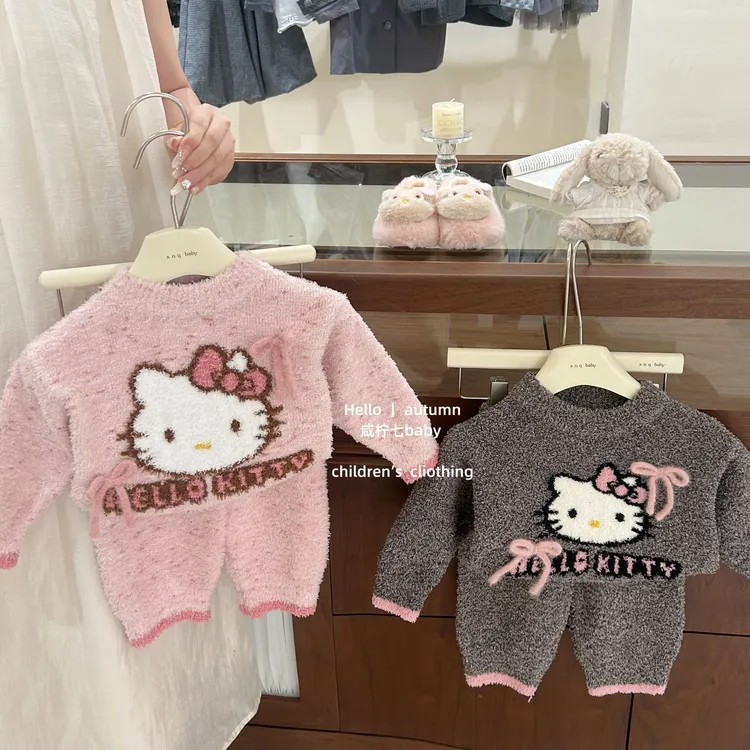 【咸柠七】原创！女宝宝秋冬睡衣可爱kt猫加绒加厚半边绒家居服套装