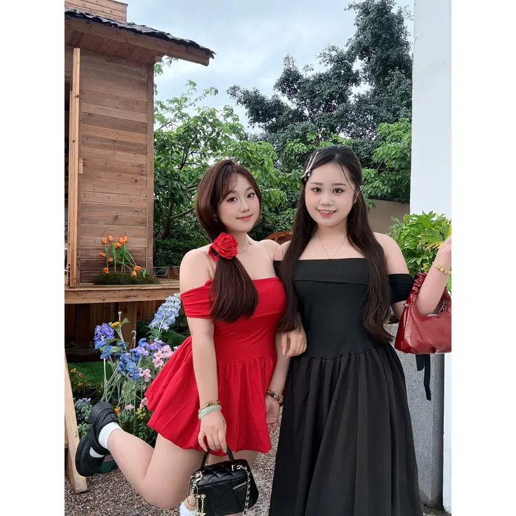 pinkmoon法式一字肩露肩红色连衣裙女夏季小个子绝美蓬蓬花苞短裙