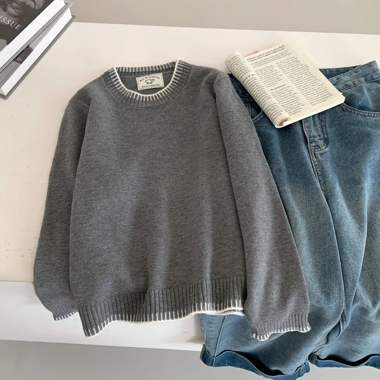 3445秋冬新款温柔风圆领长袖针织衫宽松内搭打底上衣